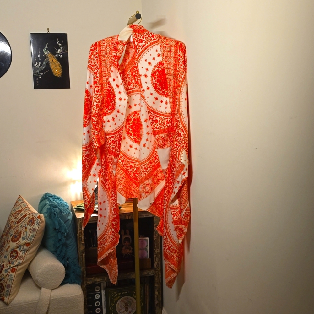 La Vie Boheme orange and white silk kimono cover up